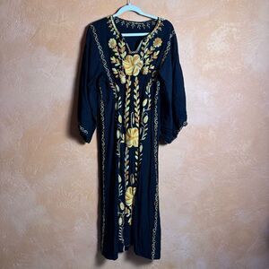 Handmade Embroidered Boho Maxi Dress Black Gold Floral Artisan Folk estimated M